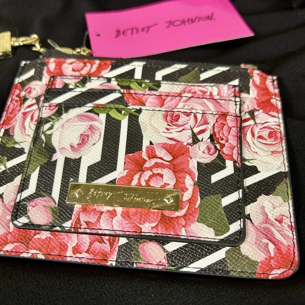 Betsey Johnson New Black White Rose Floral Credit Card Wallet Keychain Clutch